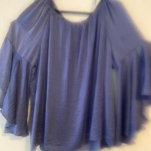 Flared Fan Sleeves silk like Slate Blue blouse size 3XL
